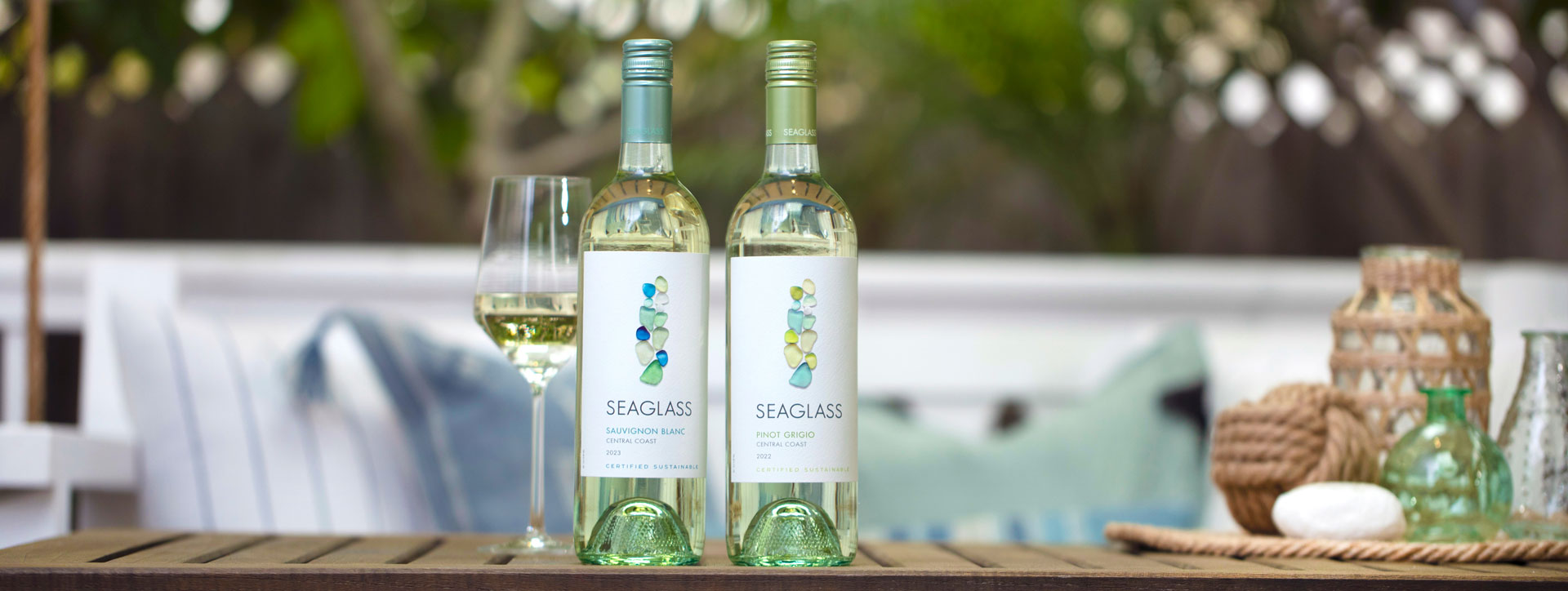 Bottles of Seaglass Sauvignon Blanc and Pinot Grigio white wine