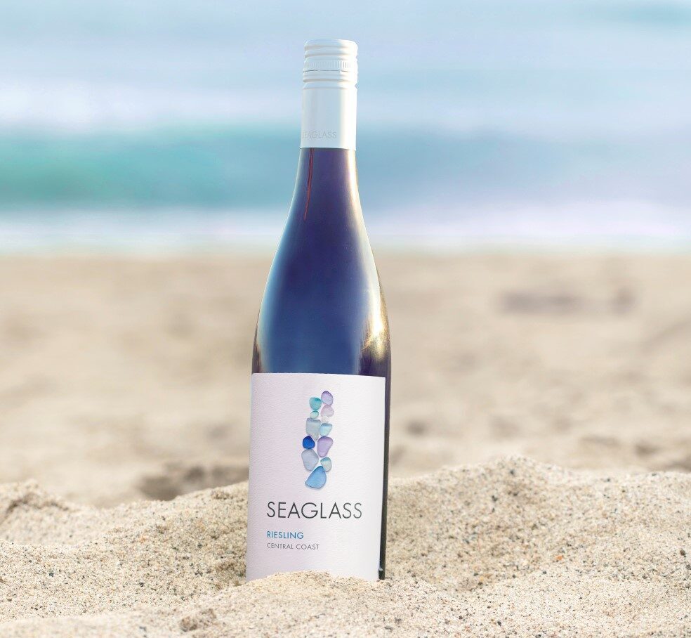 SEAGLASS Riesling bottle in sand