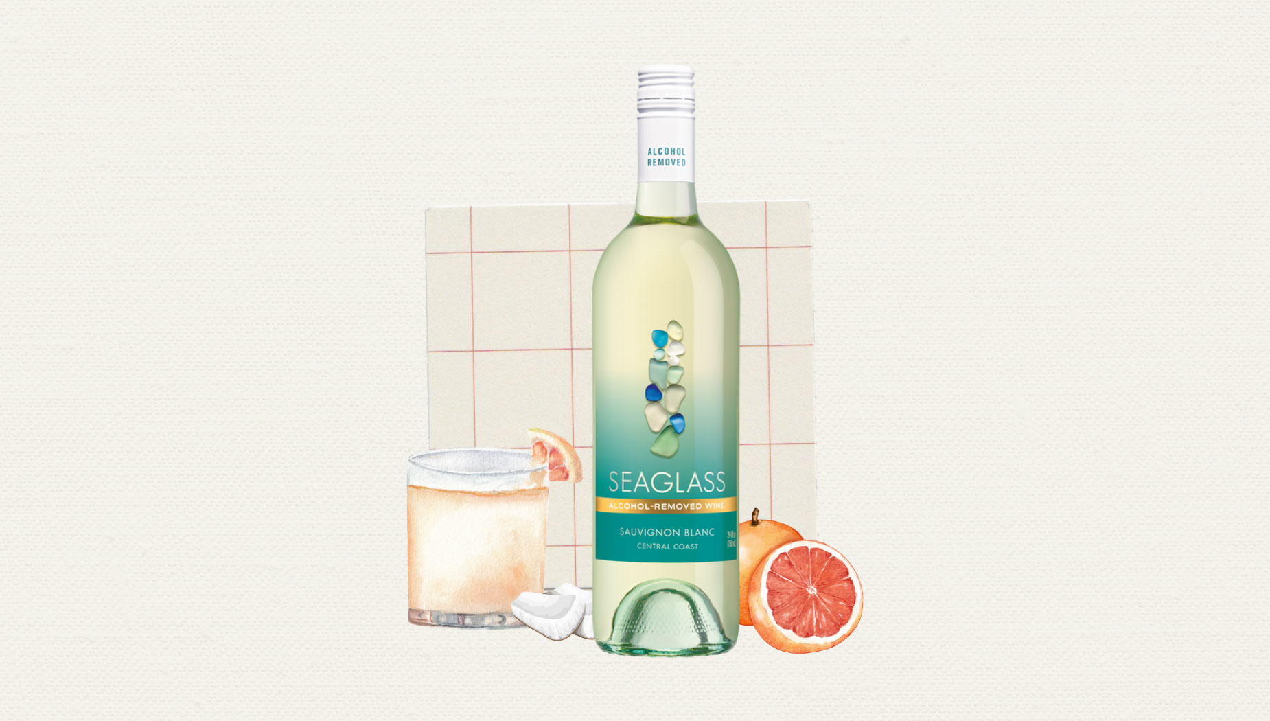 Illustration of a coconut blood orange mocktail next to a bottle of Seaglass alcohol-removed Sauvignon Blanc