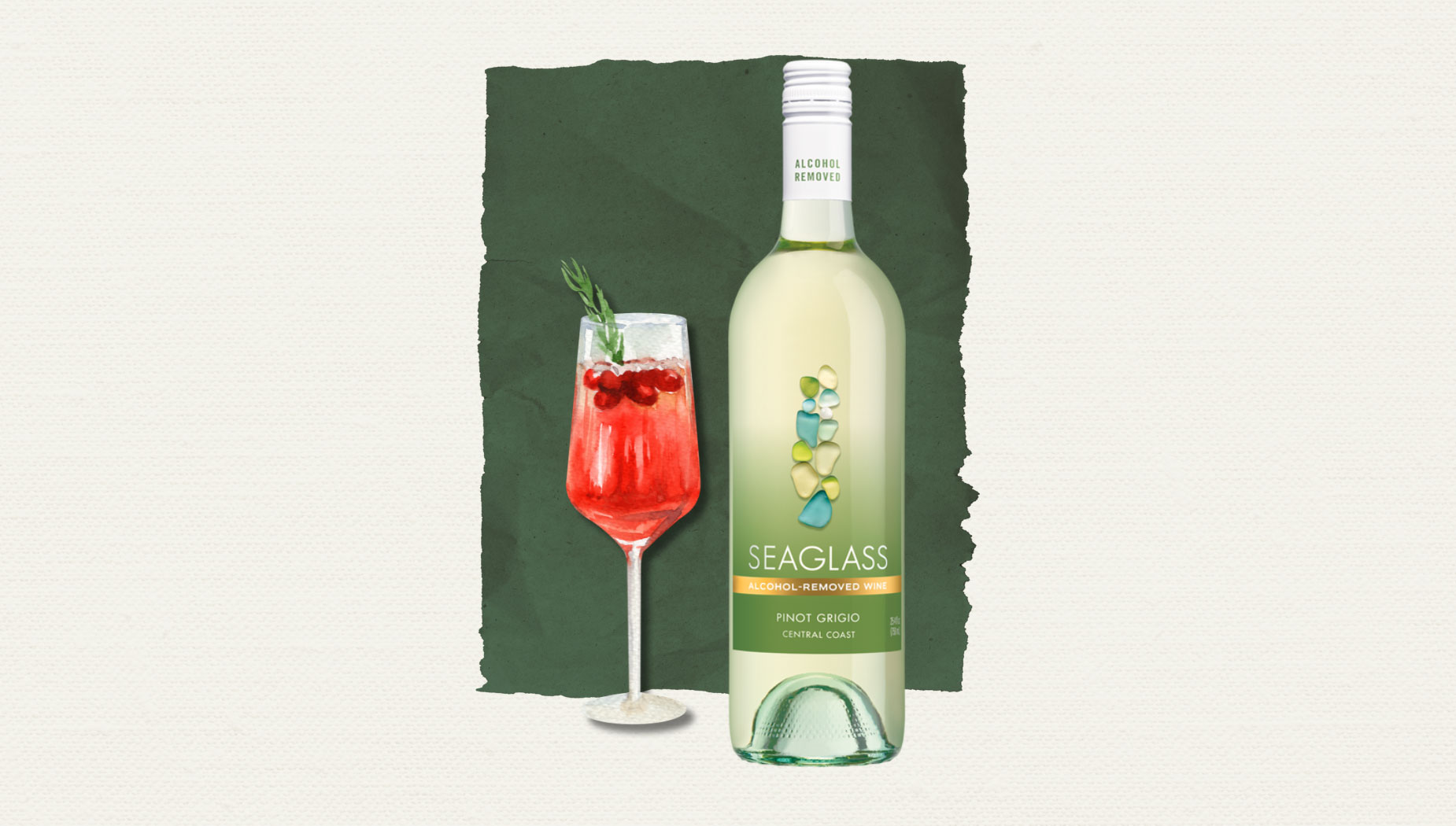 Illustration of the holiday mocktail next to a bottle of Seaglass alcohol-removed Pinot Grigio