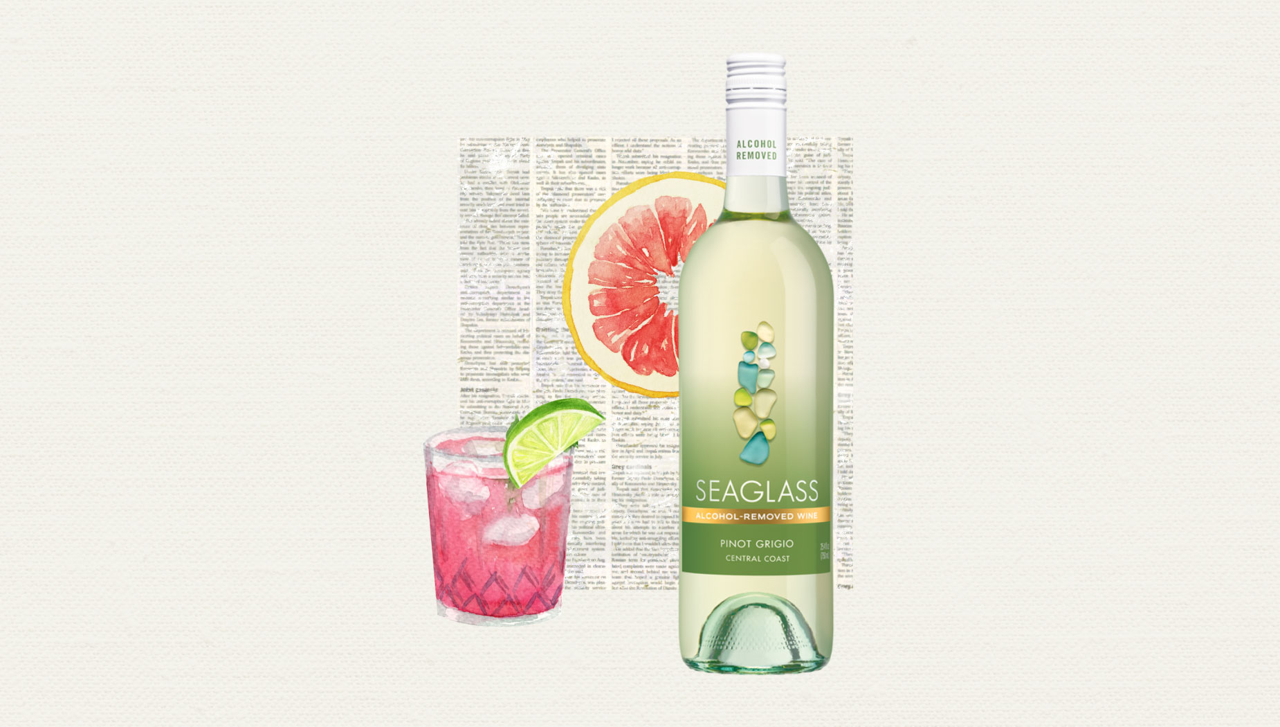 Illustration of the paloma mocktail next to a bottle of Seaglass alcohol-removed Pinot Grigio