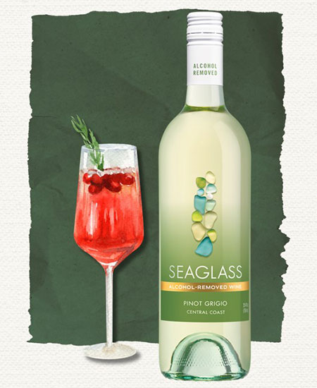 Illustration of the holiday mocktail next to a bottle of Seaglass alcohol-removed Pinot Grigio