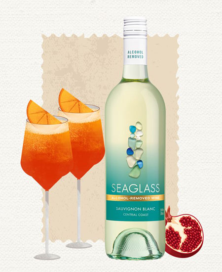 Illustration of sunset spritz mocktail next to a bottle of Seaglass alcohol-removed Sauvignon Blanc