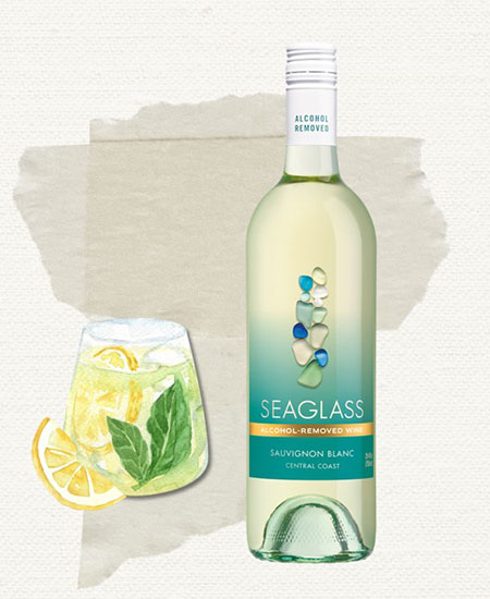 Illustration of a summer slushie mocktail next to a bottle of Seaglass alcohol-removed Sauvignon Blanc